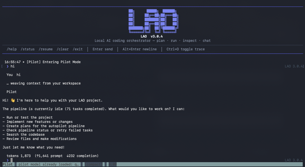 LAO Pilot Mode with LAO ASCII logo, chat transcript, and status bar